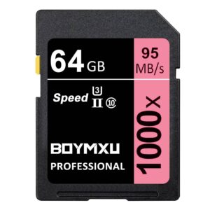 64gb memory card, boymxu professional 1000 x class 10 card u3 memory card compatible computer cameras and camcorders, camera memory card up to 95mb/s, pink