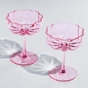 flower vintage wavy petals wave glass coupes 7oz colorful cocktail, - set of 2 - rippled & champagne glasses, prosecco, martini, mimosa, cocktail set, bar glassware copyright & patent pending (pink)