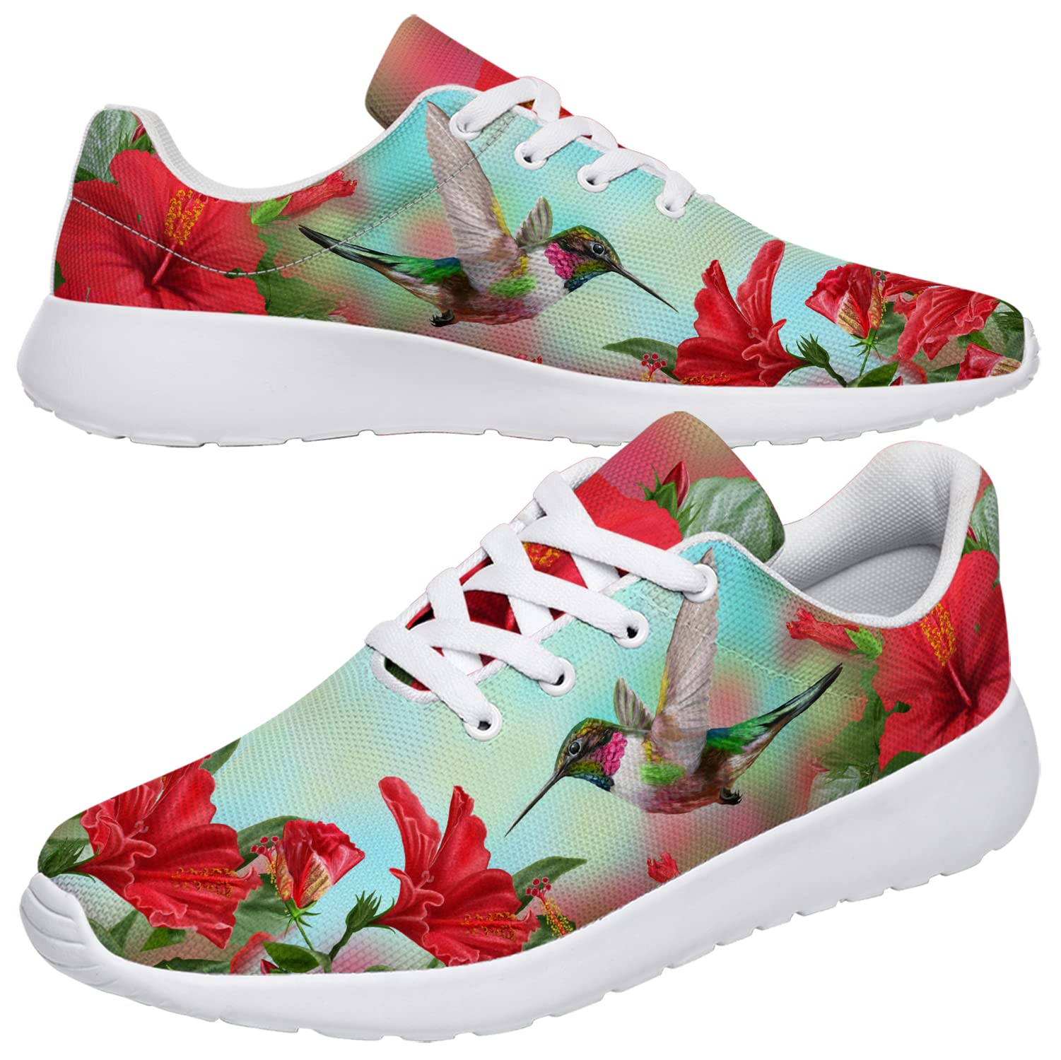 Hummingbird Shoes Girls Womens Running Shoes Tennis Walking Sneakers Red Tropical Flower Hibiscus Hummingbird Print Shoes Gifts for Friends,Size 3.5