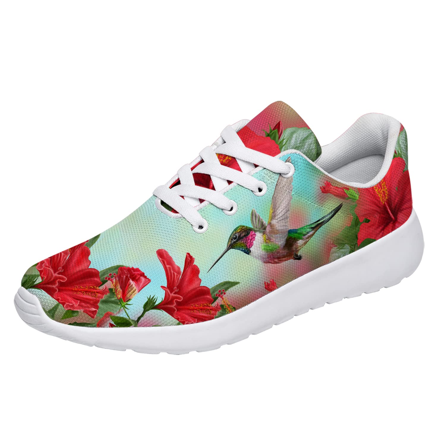 Hummingbird Shoes Girls Womens Running Shoes Tennis Walking Sneakers Red Tropical Flower Hibiscus Hummingbird Print Shoes Gifts for Friends,Size 3.5