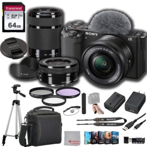 sony zv-e10 mirrorless camera with with 16-50mm + 55-210mm lenses, 64gb memory, case. tripod, filters, hood, grip, & professional video & photo editing software kit