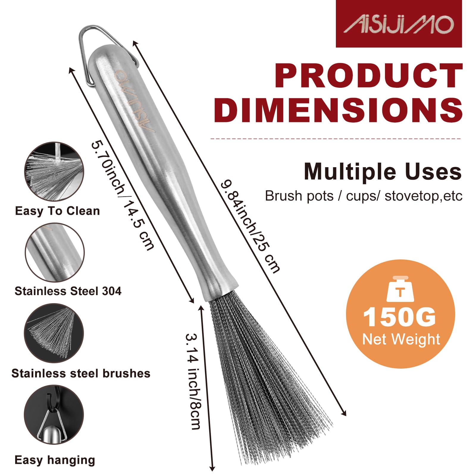 Aisijimo SUS304 Stainless Steel Cleaning Brush Scrub Brush for Kitchen Dishes Pots Pans Sink Cleaning