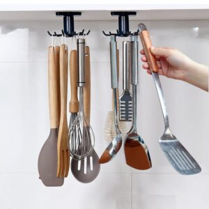 hqahnekme 2pcs 360 °rotation utility hooks,under cabinet kitchen hooks,nail free adhesive kitchen utensils hanging hooks for kitchen utensils/tools/towel/knife(black)