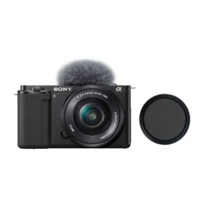 sony alpha zv-e10 aps-c mirrorless vlog camera with k&f concept 16-50mm lens (black) bundle with hd optical glass filter lens with cleaning cloth (2 items)