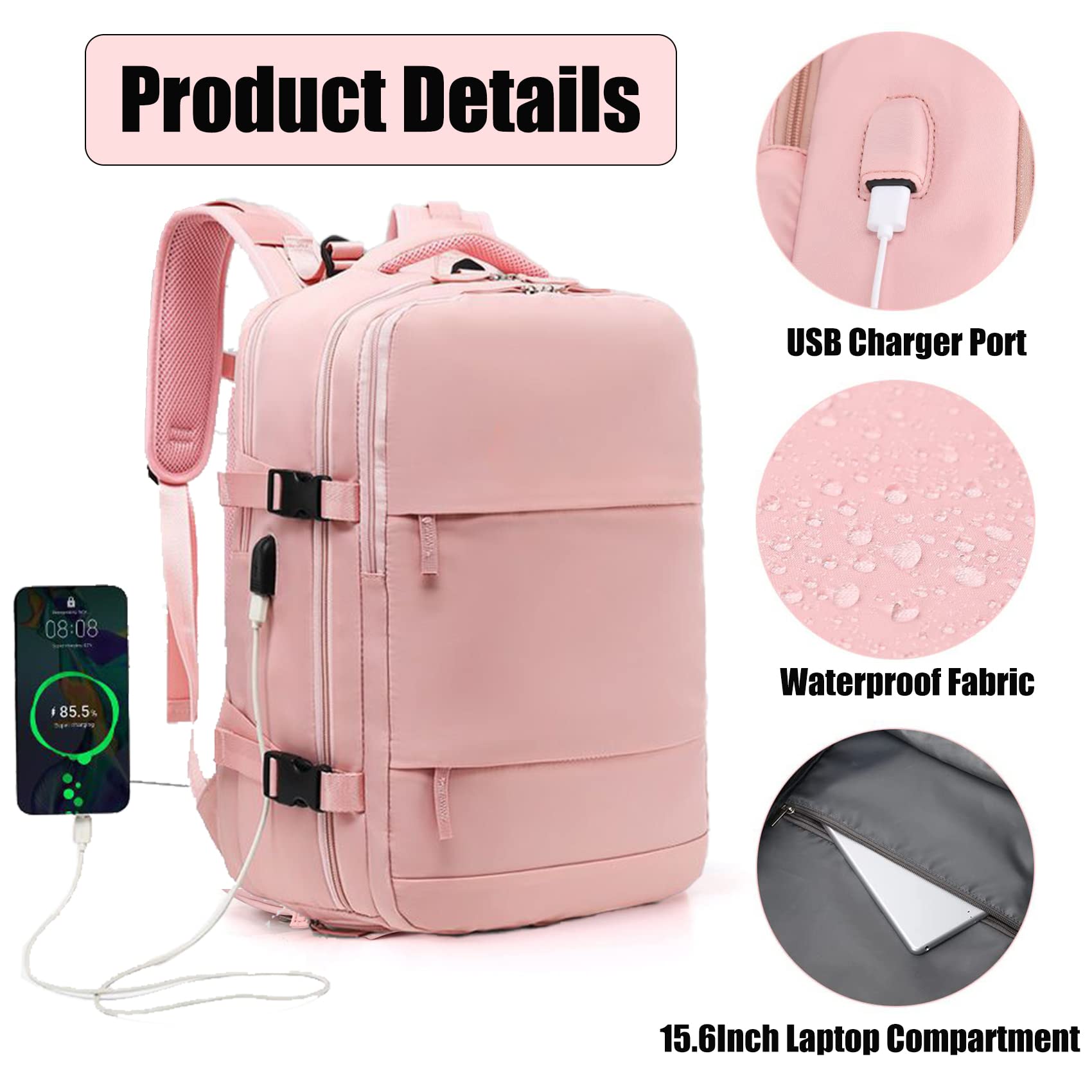 Large Travel Backpack for Women,Carry On Laptop Backpack for Hiking,College Bookbag,Outdoor Sports Bag,Casual Daypack with USB Port & Shoe Compartment,Fits 17 Inch,Men & Lady,Pink1