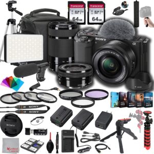 sony zv-e10 mirrorless camera with 16-50mm + 55-210mm lenses, 128gb memory,microphone, 120led video light, tripod, filters, hood, grip,spare battery & charger, software kit -deluxe bundle