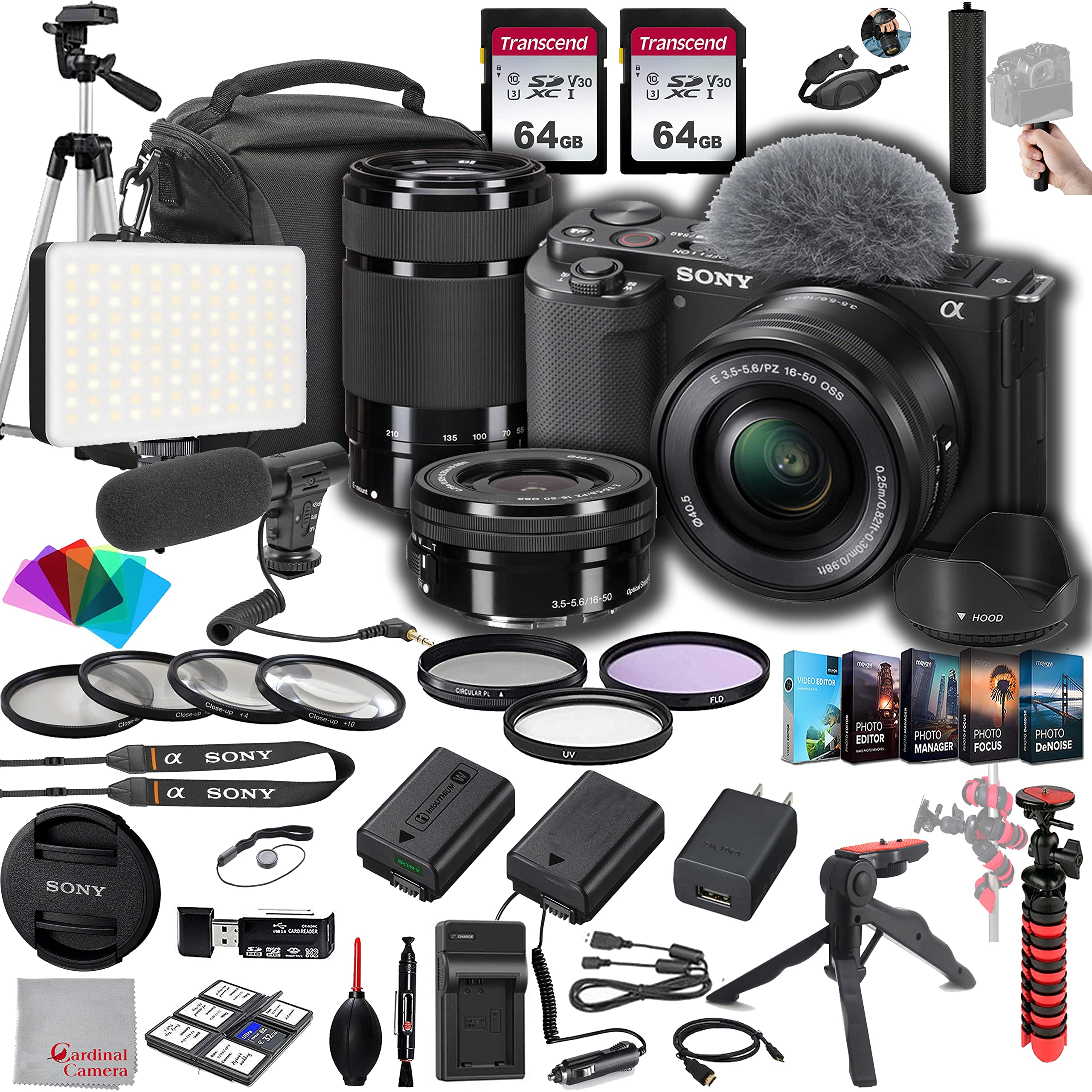 Sony ZV-E10 Mirrorless Camera with 16-50mm + 55-210mm Lenses, 128GB Memory,Microphone, 120LED Video Light, Tripod, Filters, Hood, Grip,Spare Battery & Charger, Software Kit -Deluxe Bundle