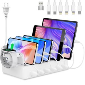 honcila charging station for multiple devices, 6 port 50w fast multi charger station charging dock with 6 mixed charging cables for iphone, ipad, kindle, tablet, cellphone and others