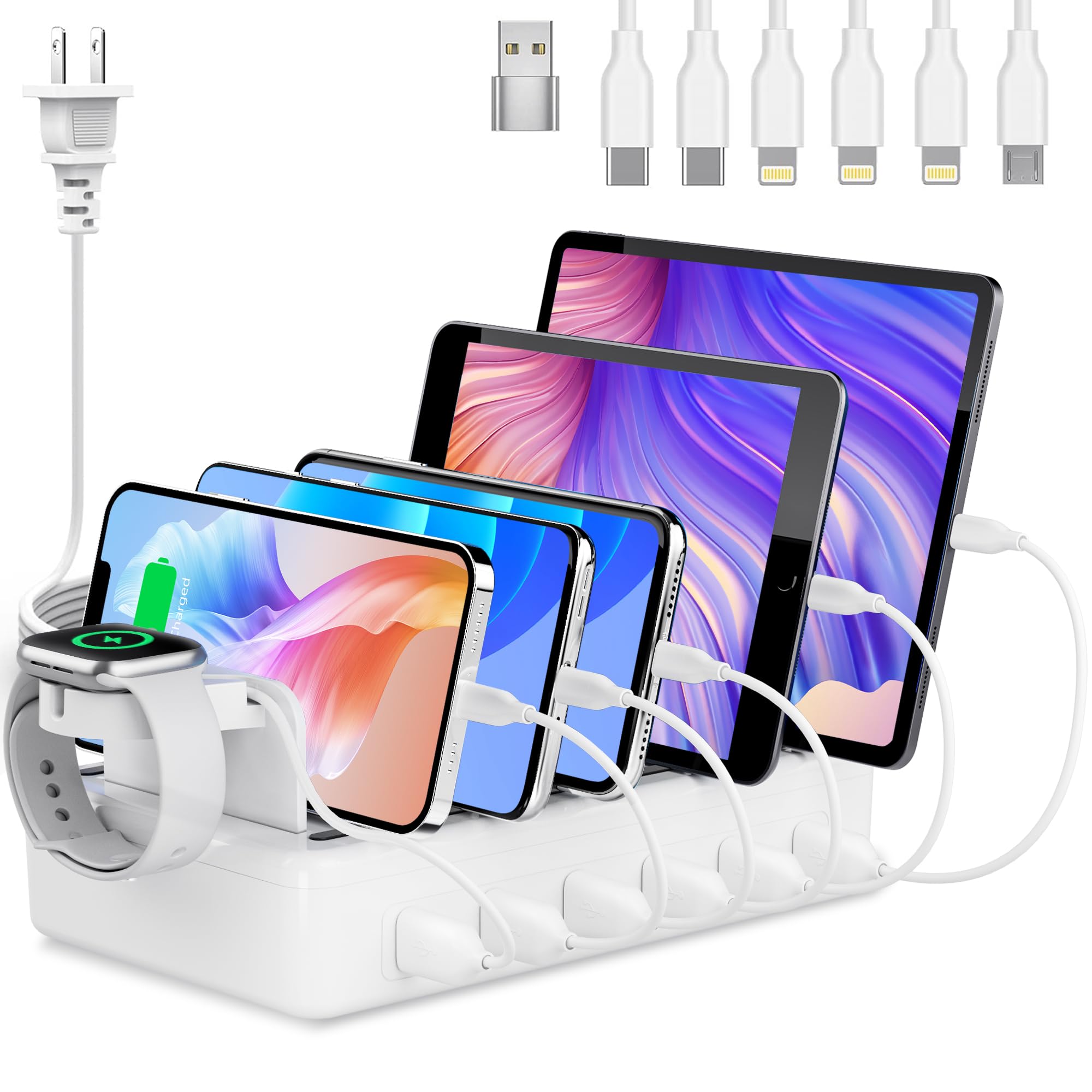 Honcila Charging Station for Multiple Devices, 6 Port 50W Fast Multi Charger Station Charging Dock with 6 Mixed Charging Cables for iPhone, iPad, Kindle, Tablet, Cellphone and Others