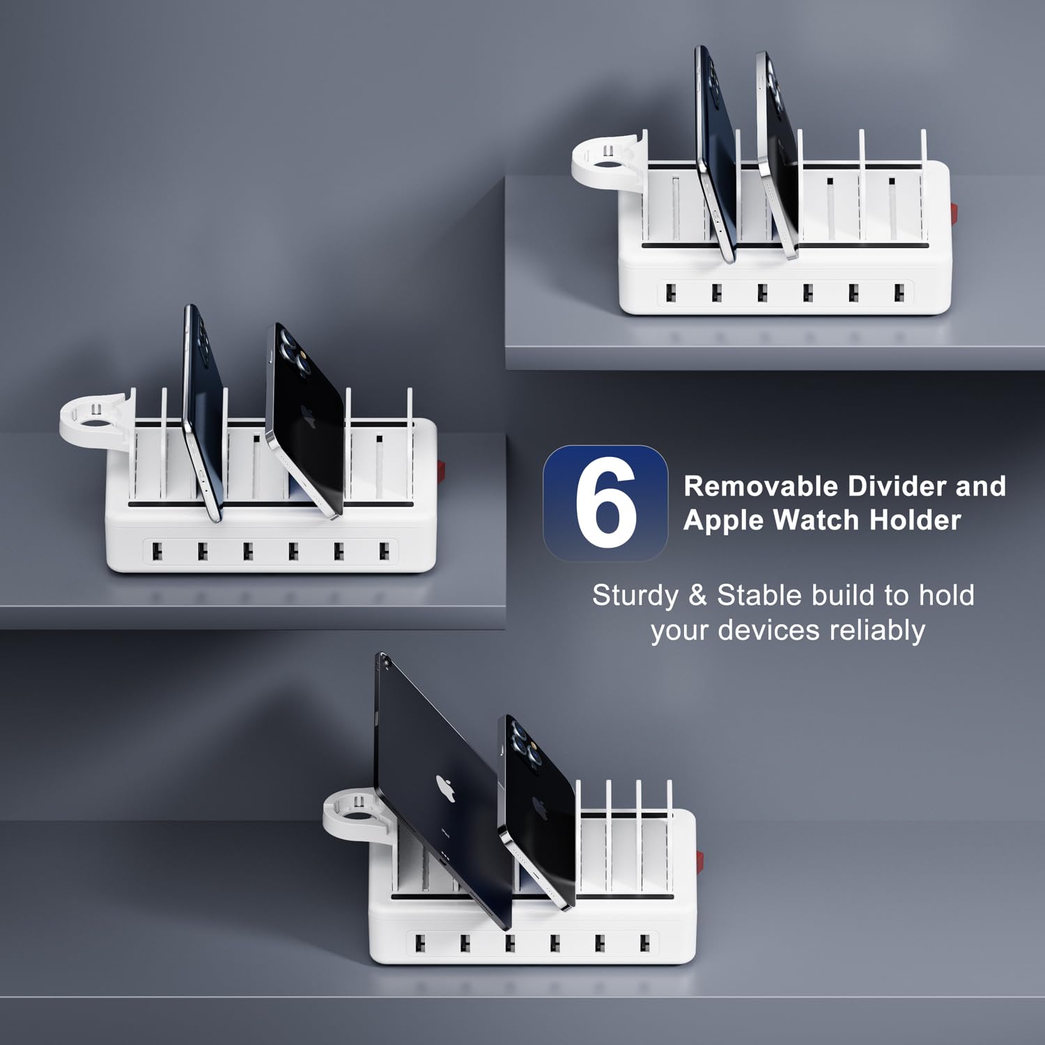 Honcila Charging Station for Multiple Devices, 6 Port 50W Fast Multi Charger Station Charging Dock with 6 Mixed Charging Cables for iPhone, iPad, Kindle, Tablet, Cellphone and Others