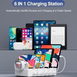 Honcila Charging Station for Multiple Devices, 6 Port 50W Fast Multi Charger Station Charging Dock with 6 Mixed Charging Cables for iPhone, iPad, Kindle, Tablet, Cellphone and Others