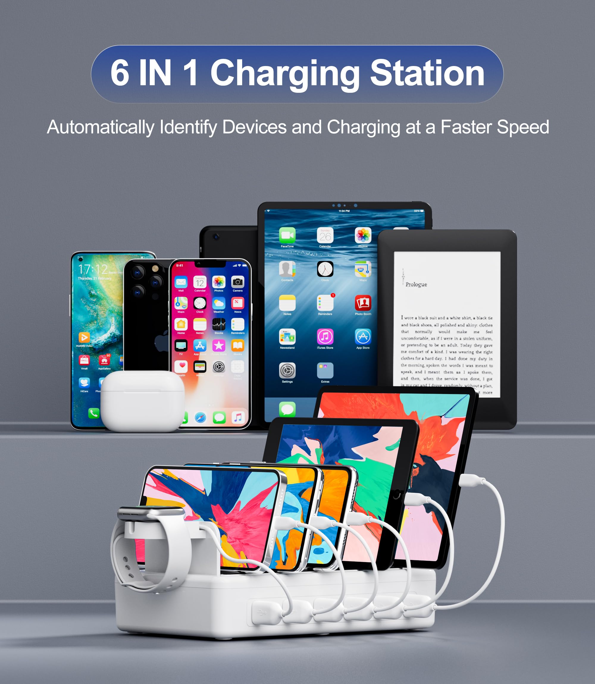 Honcila Charging Station for Multiple Devices, 6 Port 50W Fast Multi Charger Station Charging Dock with 6 Mixed Charging Cables for iPhone, iPad, Kindle, Tablet, Cellphone and Others