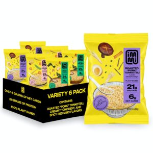 immi variety pack ramen, creamy "chicken", spicy red miso, roasted "pork" tonkotsu, 100% plant based, keto friendly, high protein, low carb, packaged noodle meal kit, ready to eat, 6 pack