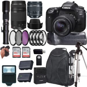 Canon EOS 90D DSLR Camera with EF-S 18-55mm is STM Lens +Canon EF 75-300mm III Lens+500mm f/8 Preset Telephoto Lens+case+256Memory Cards (24PC)