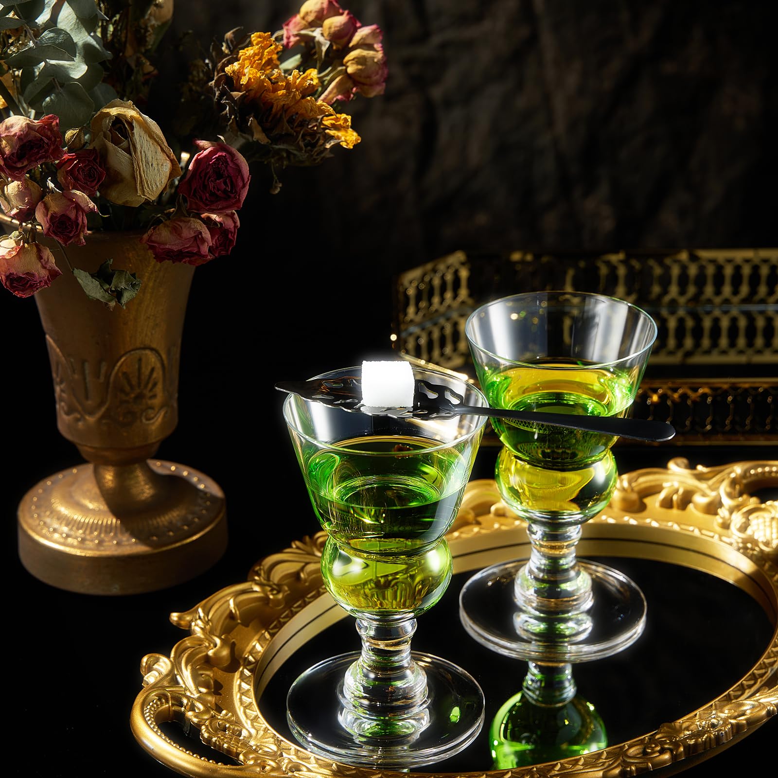 Vintage Crystal Absinthe Glasses | Set of 2 With Spoon | 7 oz Wine Savant - Stemmed Classic With Swiss Bubble Reservoir, Tasting, Nosing & Sipping, Absinthe, Sambuca, Raki, Pastis, Ouzo, Green Fairy