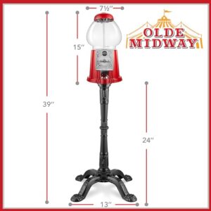 Olde Midway 15" Gumball Machine with Stand - Red, Vintage-Style Bubble Gum Candy Dispenser with Glass Globe and Metal Base