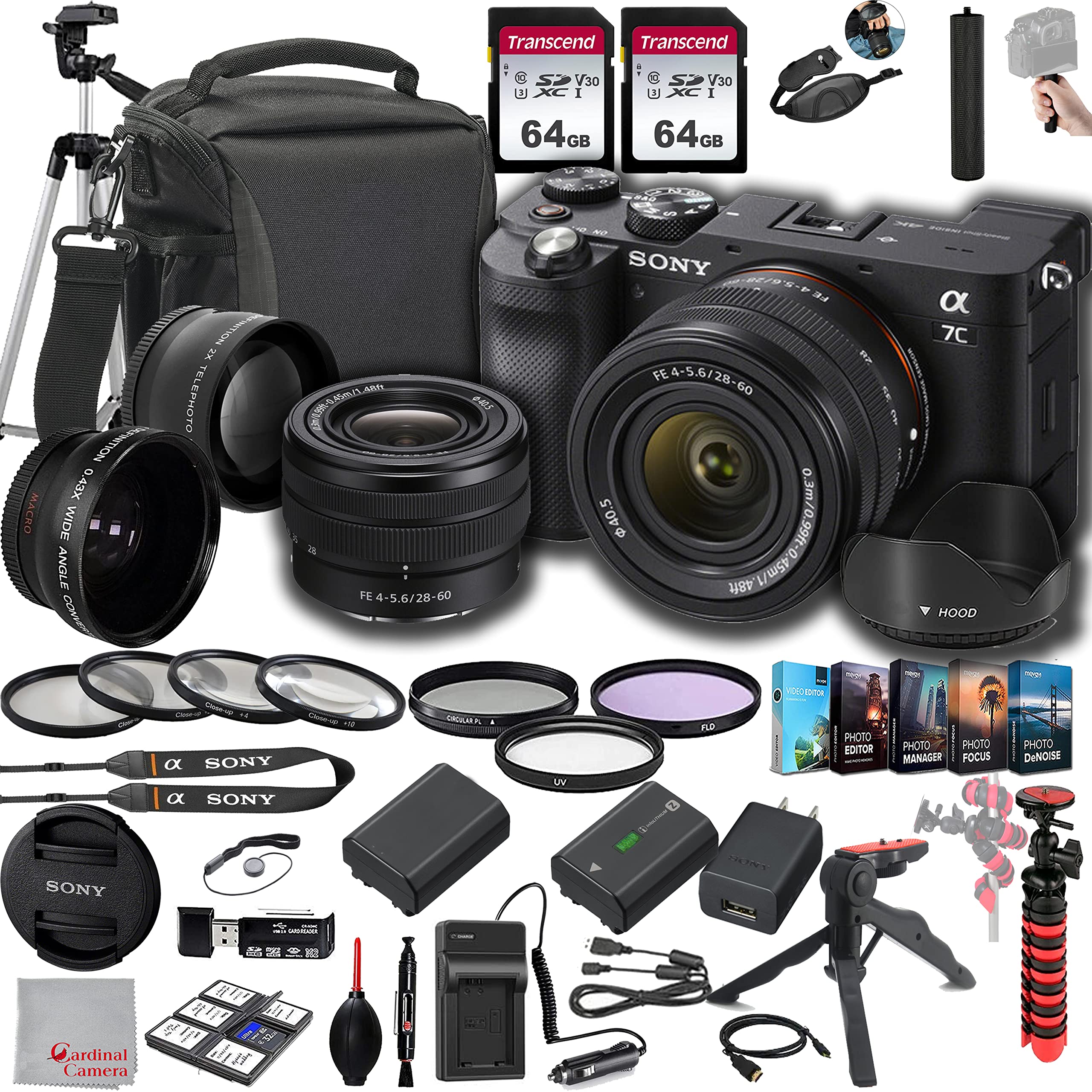 Sony a7C Mirrorless Camera with 28-60mm Lens ILCE7CL/B, 128GB Memory.43 Wide & 2X Lenses, Case. Tripod, Filters, Hood, Grip,Spare Battery & Charger, Software Kit -Deluxe Bundle