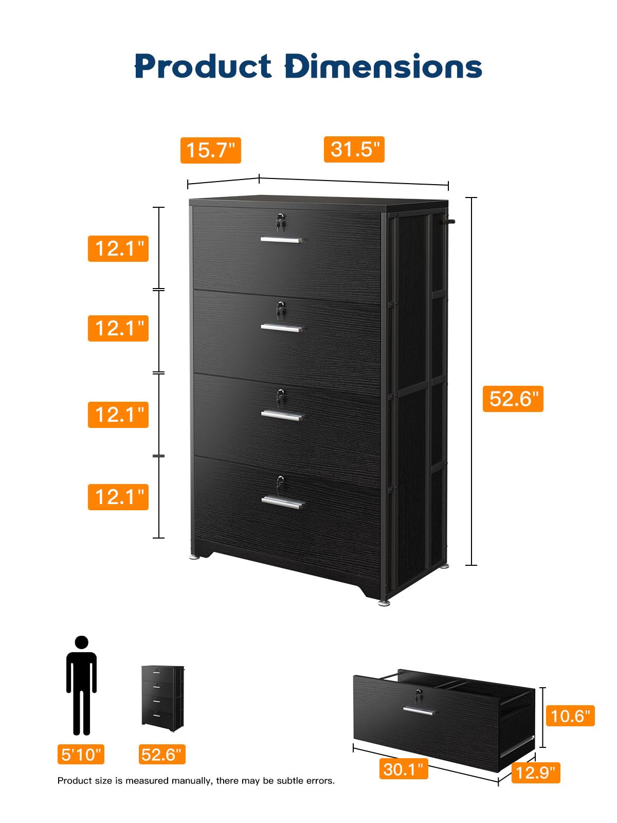 AODK File Cabinet Filing Cabinet for Home Office, Large File Cabinets with Lock, Office Storage Cabinet 4 Drawer for Legal/Letter/A4 File, Black