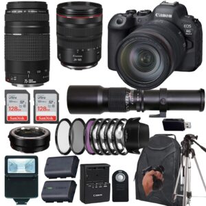 canon eos r6 mark ii mirrorless camera with rf 24-105mm f/4 l is usm lens+ canon ef 75-300mm iii lens+500mm f/8 preset telephoto lens+case+256memory cards (24pc)