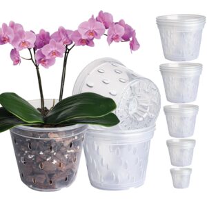 doter orchid pots variety 12 packs (5.6 inch / 6 inch / 6.8 inch x 2, 4.3 inch / 5 inch x 3), clear orchid planter pots with holes for repotting, clear nursery pots for orchid repotting kit