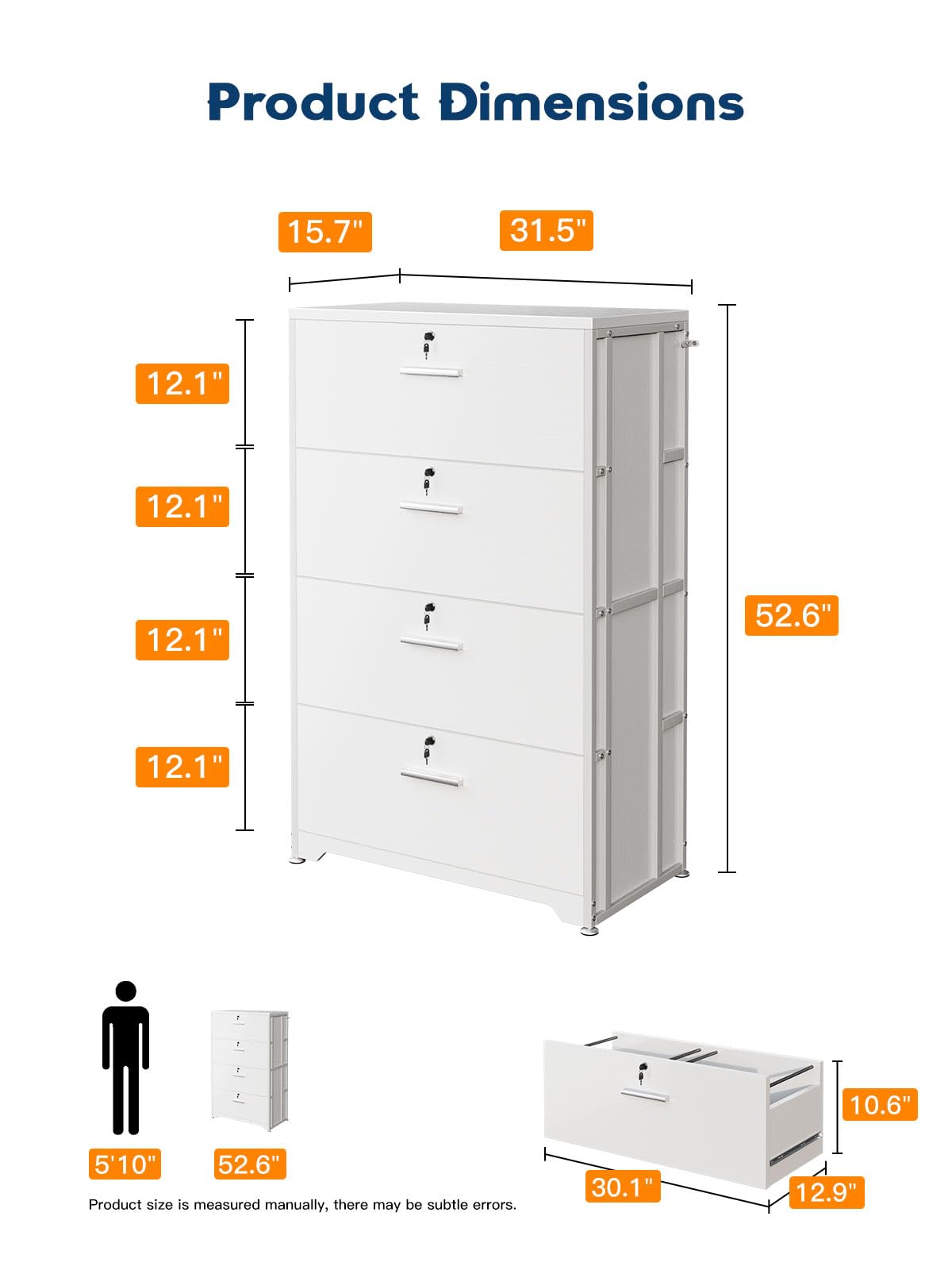 AODK File Cabinet Filing Cabinet for Home Office, Large File Cabinets with Lock, Office Storage Cabinet 4 Drawer for Legal/Letter/A4 File, White