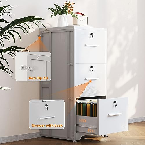AODK File Cabinet Fully Assembled Filing Cabinet for Home Office, Small File Cabinets with Lock, Office Storage Cabinet 3 Drawer for Legal/Letter/A4 File, White