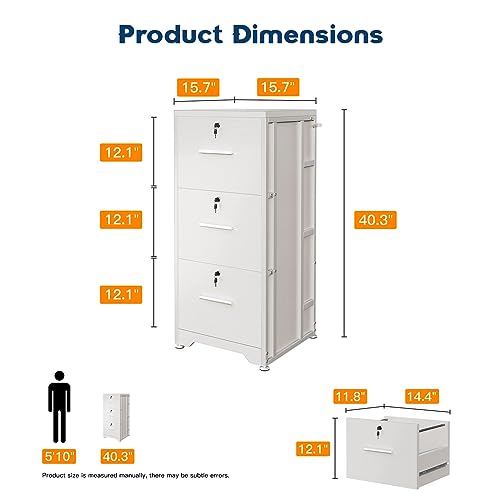 AODK File Cabinet Fully Assembled Filing Cabinet for Home Office, Small File Cabinets with Lock, Office Storage Cabinet 3 Drawer for Legal/Letter/A4 File, White