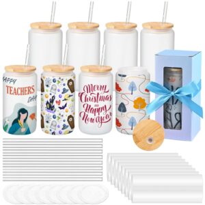 mafye sublimation glass blanks with bamboo lid, 16oz frosted sublimation beer can glass with glass straws gift box mason jar cups mug travel tumbler for beer, juice, soda, iced coffee, drinks(8 pack)