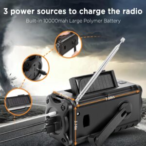 10000mAh Emergency Hand Crank Radio,AM FM NOAA Weather Alert Radio, Digital Display,3 Ways Powered Hand Crank,Solar Radio with Type-C Charger,Flashlight,Reading Lamp,Headphone Jack,SOS Alarm