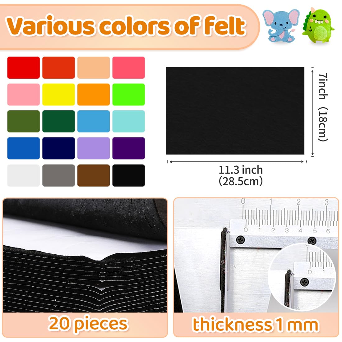 Eppingwin 20 PCS Black Felt, Soft Felt Sheets, 7"x11.3" Felt Fabric Sheets, Rectangle Felt Sheets with Adhesive Backing, Felt for Crafts