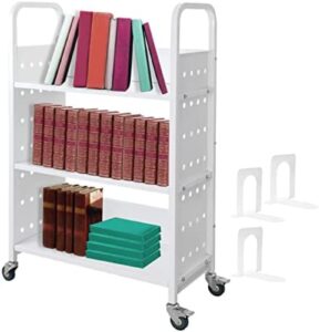 book cart, 200 lbs library cart, rolling book cart, single sided l-shaped/v-shaped sloped shelves with lockable wheels for home shelves office school book truck