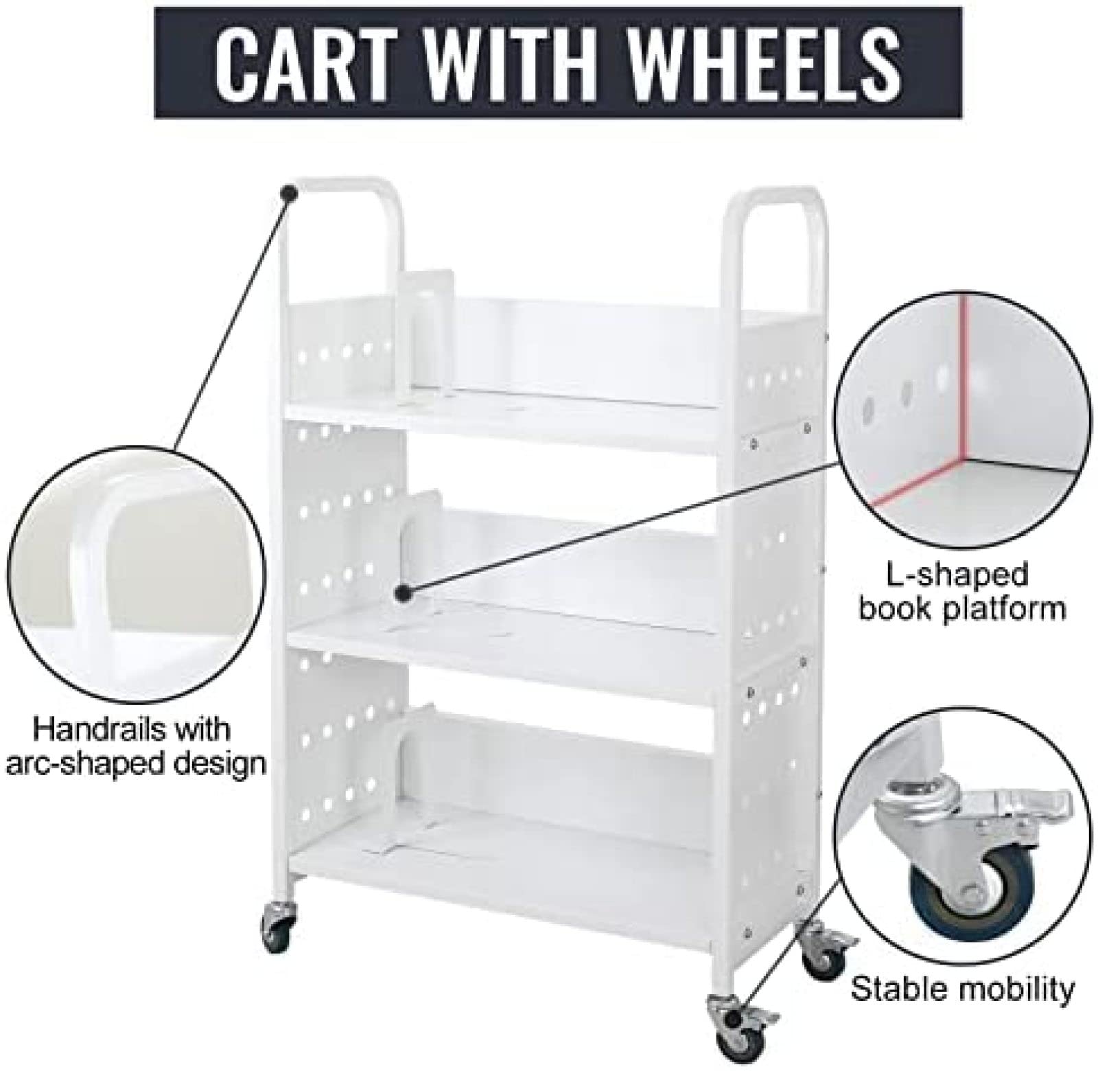 Book Cart, 200 LBS Library Cart, Rolling Book Cart, Single Sided L-Shaped/V-Shaped Sloped Shelves with Lockable Wheels for Home Shelves Office School Book Truck