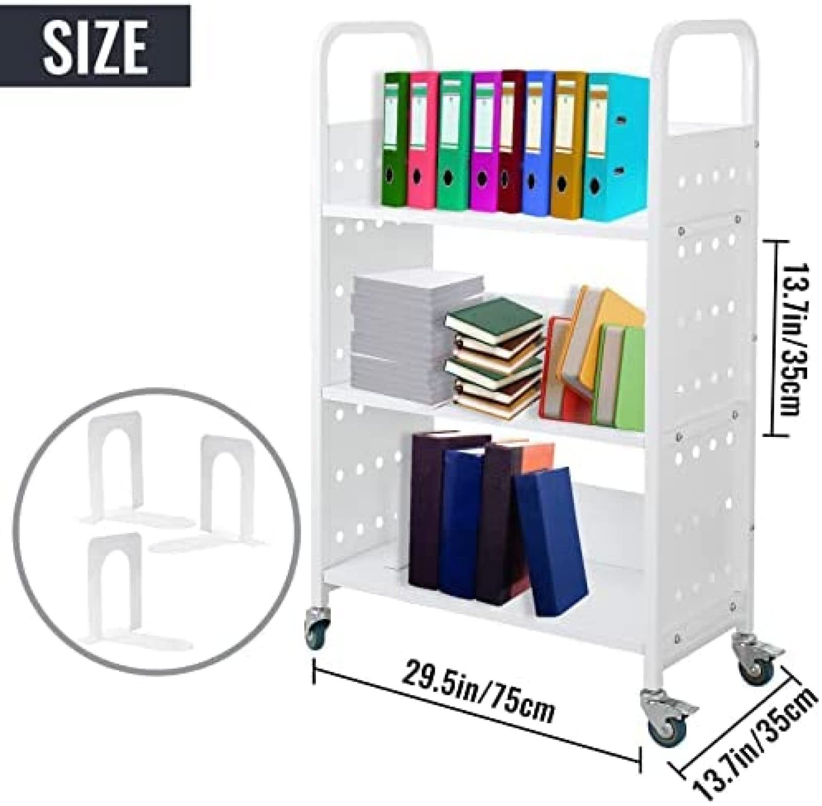 Book Cart, 200 LBS Library Cart, Rolling Book Cart, Single Sided L-Shaped/V-Shaped Sloped Shelves with Lockable Wheels for Home Shelves Office School Book Truck