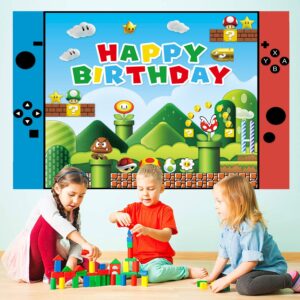 Adventure Video Game Happy Birthday Backdrop for Children Boys Happy Birthday Party Decor Supplies Kids Shoot Props Cake Table Decor Supplies 5x3ft