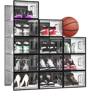 skylook x-large 12 pack shoe organizer,stackable ultra transparent plastic shoe box for closet,durable shoe storage,substitute shoe rack fit for women/men high-top shoes(13.4”x 10.1”x 6.9”)