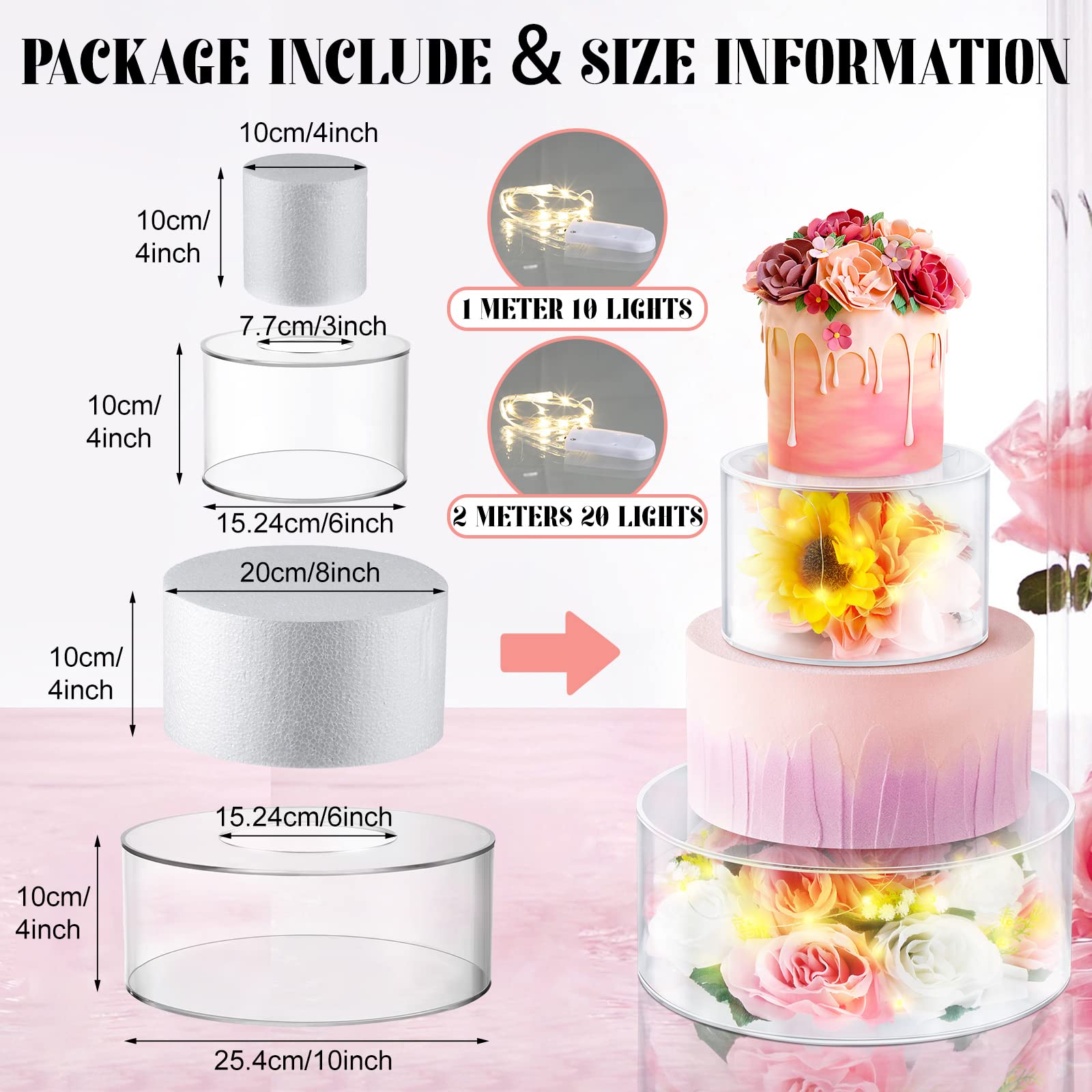 Tanlade 2 Pcs Clear Acrylic Fillable Cake Stand with 2 Pcs Round Foam Cake Dummies and 2 String Lights Clear Cake Riser 10 x 4'', 6 x 4'' 6pcs Fake Cake Decorative Centerpiece for Wedding Birthday