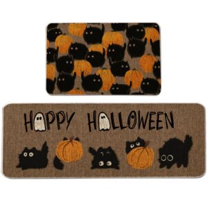 gagec halloween kitchen mat set of 2, black cat pumpkins kitchen rug, halloween farmhouse party floor mat for home kitchen decorations - 17x27 and 17x47 inch
