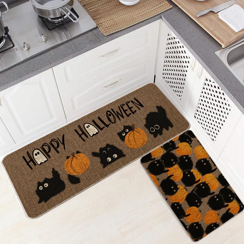 GAGEC Halloween Kitchen Mat Set of 2, Black Cat Pumpkins Kitchen Rug, Halloween Farmhouse Party Floor Mat for Home Kitchen Decorations - 17x27 and 17x47 Inch