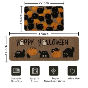 GAGEC Halloween Kitchen Mat Set of 2, Black Cat Pumpkins Kitchen Rug, Halloween Farmhouse Party Floor Mat for Home Kitchen Decorations - 17x27 and 17x47 Inch