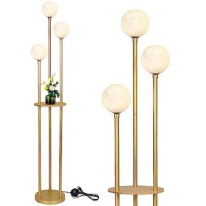 3 globe floor lamp with shelves, modern shelf lamp with 3d printing moon lampshade, mid century standing lamp with table, metal tall lamp for corner display, gold floor lamps for living room, bedroom