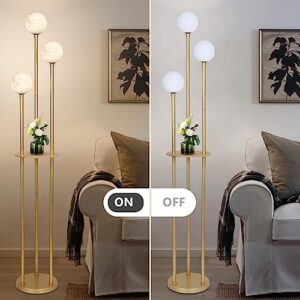 3 Globe Floor Lamp with Shelves, Modern Shelf Lamp with 3D Printing Moon Lampshade, Mid Century Standing Lamp with Table, Metal Tall Lamp for Corner Display, Gold Floor Lamps For Living Room, Bedroom