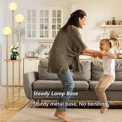 3 Globe Floor Lamp with Shelves, Modern Shelf Lamp with 3D Printing Moon Lampshade, Mid Century Standing Lamp with Table, Metal Tall Lamp for Corner Display, Gold Floor Lamps For Living Room, Bedroom