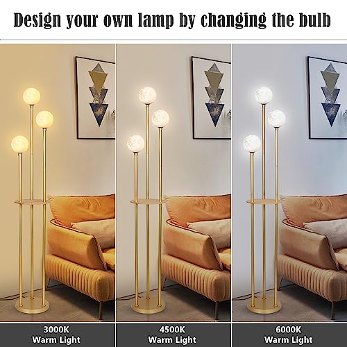 3 Globe Floor Lamp with Shelves, Modern Shelf Lamp with 3D Printing Moon Lampshade, Mid Century Standing Lamp with Table, Metal Tall Lamp for Corner Display, Gold Floor Lamps For Living Room, Bedroom
