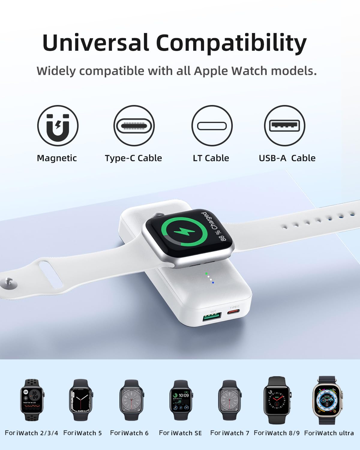 10000mAh Portable Apple Watch Charger,Mini Wireless Charger for iWatch,Fast Charging Power Bank with Built in Cable, Compatible with Apple Watch Series 9/Ultra/ 8/7/6/Se/5/4/3/2/iPhone/Samsung