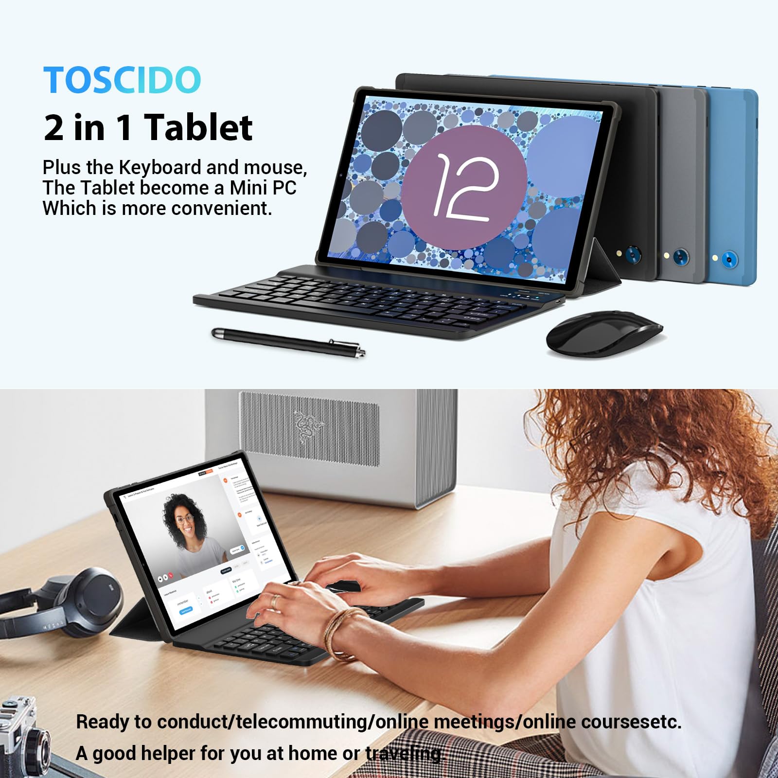 TOSCiDO L381 10.3-Inch Tablet with 2K FHD LCD In-Cell Screen, 128GB Storage, 8GB RAM, 8000mAh Battery, Android 12, Blue