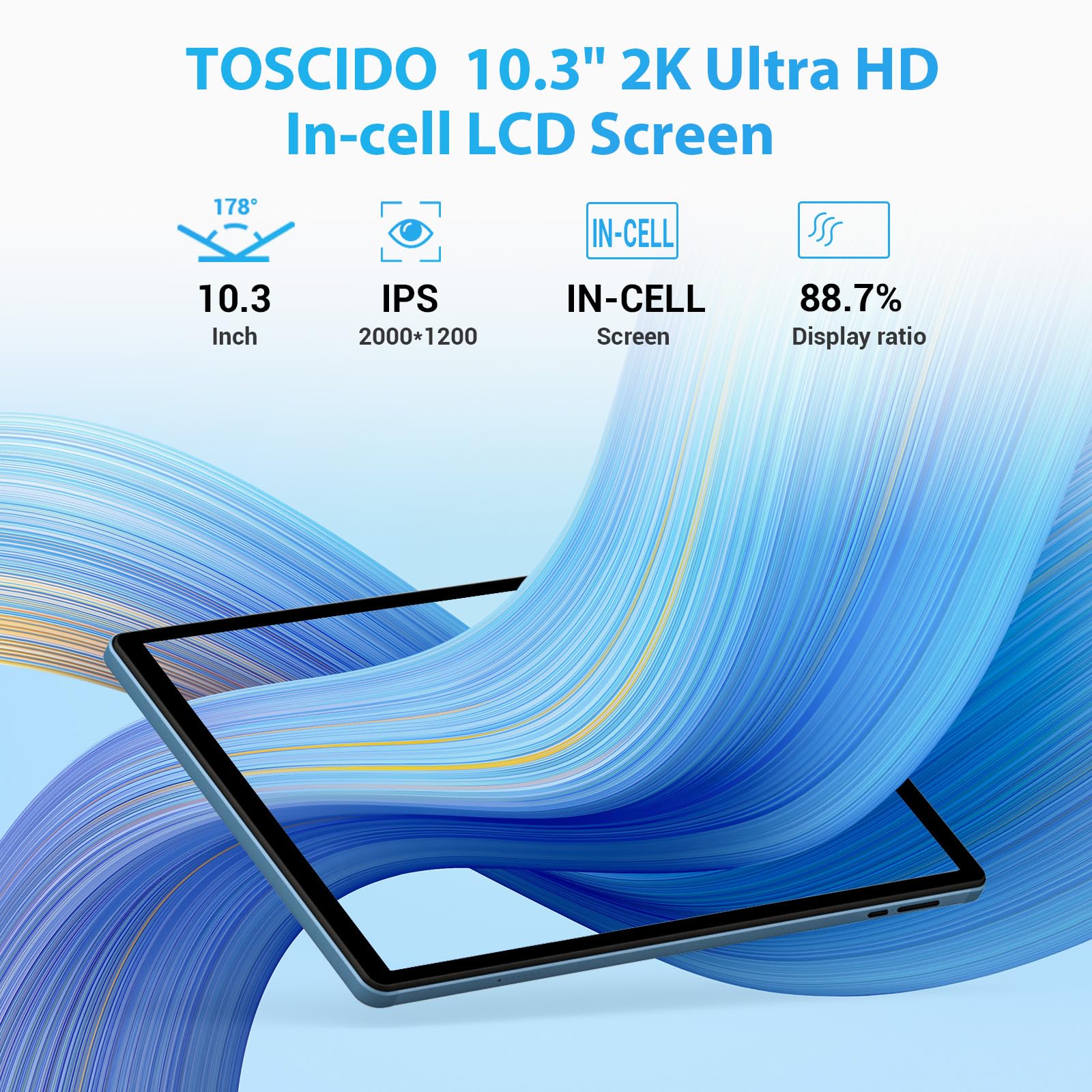 TOSCiDO L381 10.3-Inch Tablet with 2K FHD LCD In-Cell Screen, 128GB Storage, 8GB RAM, 8000mAh Battery, Android 12, Blue