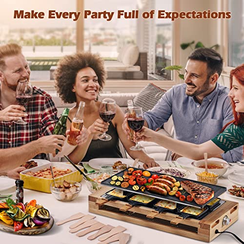 Indoor Grill, COKLAI Raclette Table Grill, 1500W Electric Grill Korean BBQ Grill with 2 in 1 Reversible Non-stick Plate, Cheese Raclette with 8 Trays & Wooden Spatulas, Wooden Base, New Model