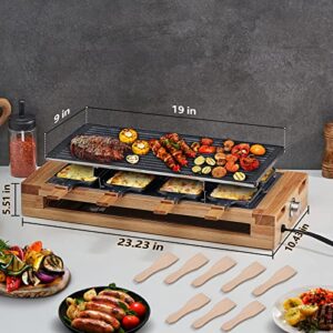 Indoor Grill, COKLAI Raclette Table Grill, 1500W Electric Grill Korean BBQ Grill with 2 in 1 Reversible Non-stick Plate, Cheese Raclette with 8 Trays & Wooden Spatulas, Wooden Base, New Model