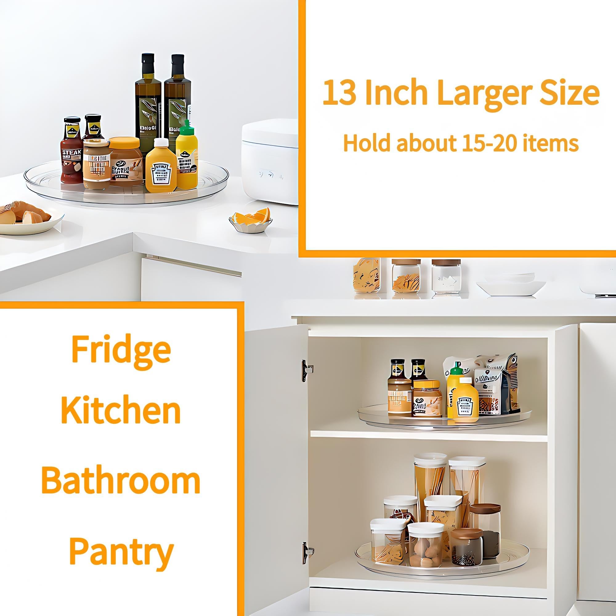 vacane 2-Pack 13Inch Lazy Susan Cabinet Organizer, Plastic Rotating Organizer Spice Rack Condiment Organizer for Pantry, Countertop, Cupboard, Refrigerator-Clear