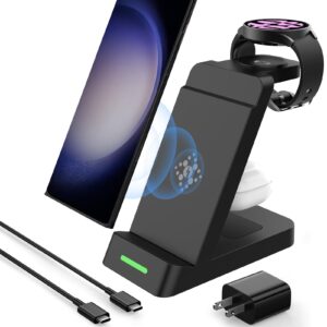 wireless charging station for samsung watch and phone,3 in 1 wireless charger stand for galaxy watch 5 pro/5/4 active 2 galaxy s23/ultra/s23+/s22/note 20/ z flip 4/3 fold 4/3 galaxy buds2/pro(black)